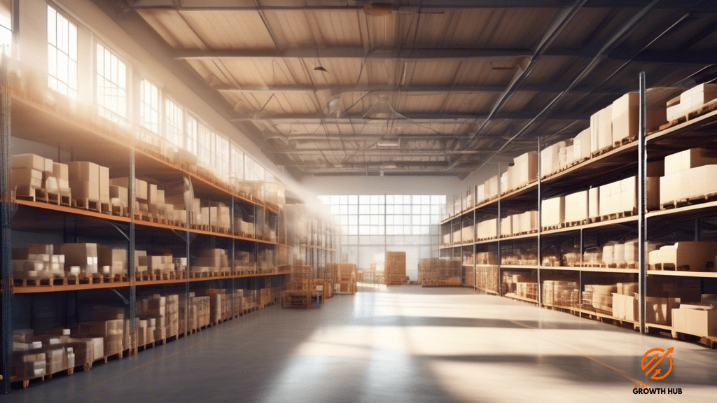 Efficiently organized warehouse shelves with automated inventory control systems in bright natural light