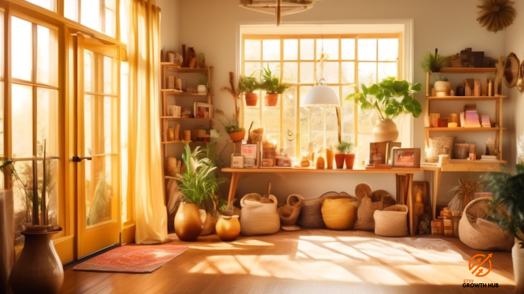 Boost your Etsy shop visibility and engage customers with a vibrant storefront flooded with warm, golden sunlight, showcasing inviting atmosphere, colorful product displays, and natural light pouring in.