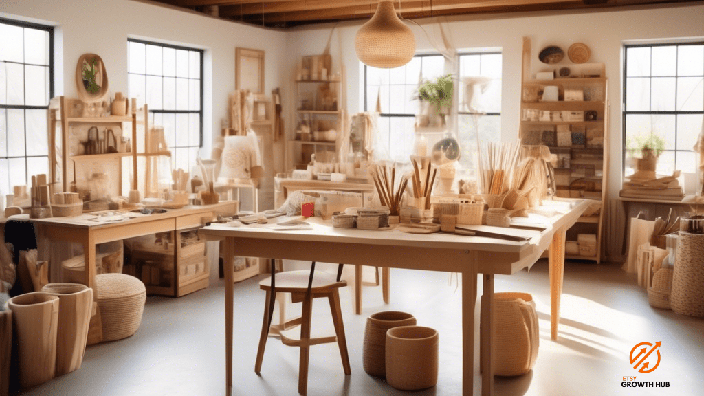 Creating a vibrant workspace for building an engaging Etsy shop from scratch, featuring a focused entrepreneur arranging handmade crafts under bright natural light.