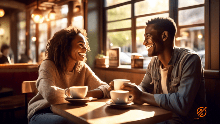 Building Strong Customer Relationships: Two individuals sharing smiles and engaging in deep conversation at a cozy coffee shop, surrounded by warm sunlight streaming through large windows.