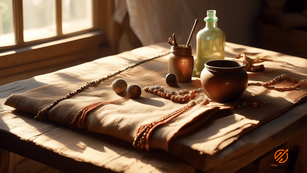 Close-up photo of a rustic wooden table illuminated by soft morning sunlight, showcasing a stack of neatly arranged raw materials including fabric, beads, and leather, representing the process of calculating material costs for handmade products.