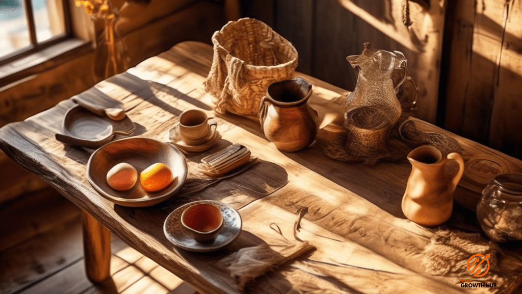 Handmade products beautifully displayed on a rustic wooden table, illuminated by vibrant morning sunlight