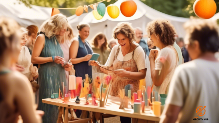 Artisans from the Etsy community engaging passionately in conversation and ideas exchange at a vibrant outdoor event, surrounded by colorful handmade displays and joyful faces, bathed in natural sunlight.
