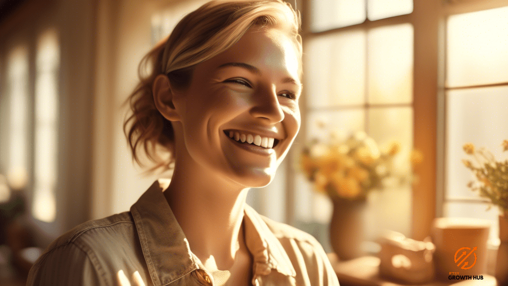 Alt Text: Close-up shot of a smiling customer receiving personalized assistance from a friendly service representative, enjoying exceptional customer service in the warm, golden rays of sunlight streaming through a large window.