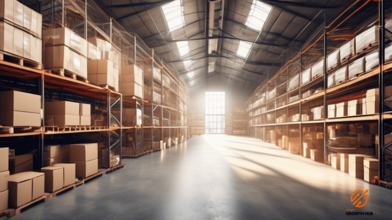 Mastering demand forecasting techniques enhances inventory management, as depicted by a well-lit warehouse with sunlight streaming through large windows, illuminating neatly organized shelves stacked with various products.