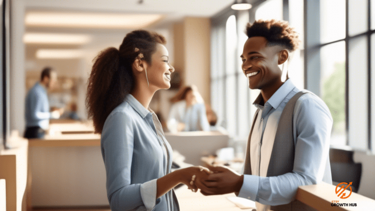 Mastering Effective Customer Communication: A customer service representative and a smiling customer engage in a friendly conversation, illuminated by bright natural light pouring through large windows.