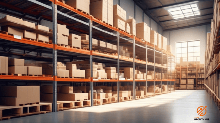 Efficient inventory management in action: A sunlit warehouse scene displaying meticulously organized shelves and neatly arranged products, showcasing the effectiveness of stock control.