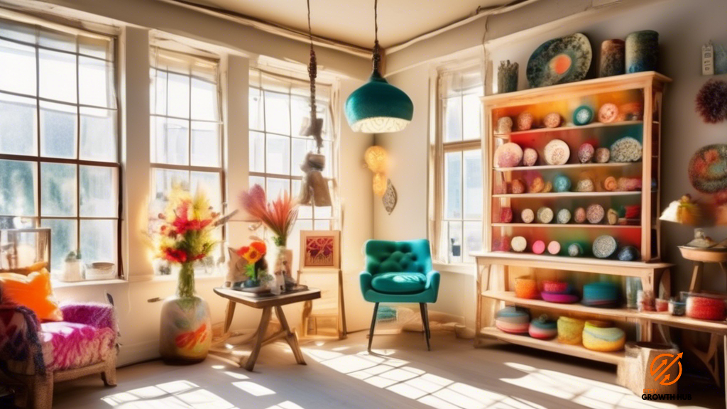 Captivating potential customers with vibrant handmade products displayed in a well-lit Etsy shop, illuminated by the streaming sunlight through a large window.