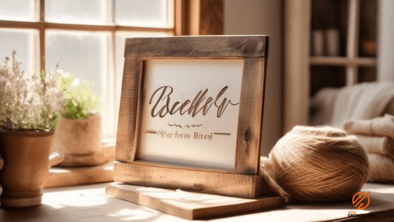 Essential Etsy branding tips: A beautifully arranged Etsy shop display with a rustic wooden sign showcasing your brand name, illuminated by soft natural sunlight streaming through a nearby window.