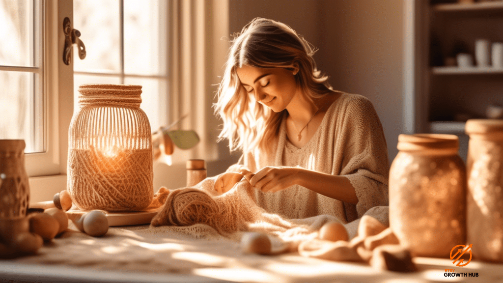 An Etsy influencer marketing strategy in action: A beautiful morning scene with soft sunlight highlighting vibrant colors, delicate textures, and intricate details of handmade products, creating a captivating image.
