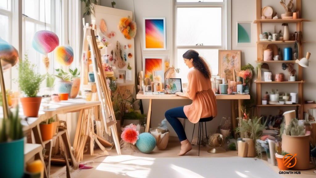 An Etsy shop owner engages with followers during a vibrant Instagram Live session, showcasing their bustling workspace filled with colorful handmade creations and creative tools, bathed in radiant natural light.