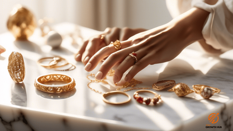 Hand arranging stunning handmade jewelry on white marble surface, illuminated by golden sunlight - Etsy Instagram marketing tips for success