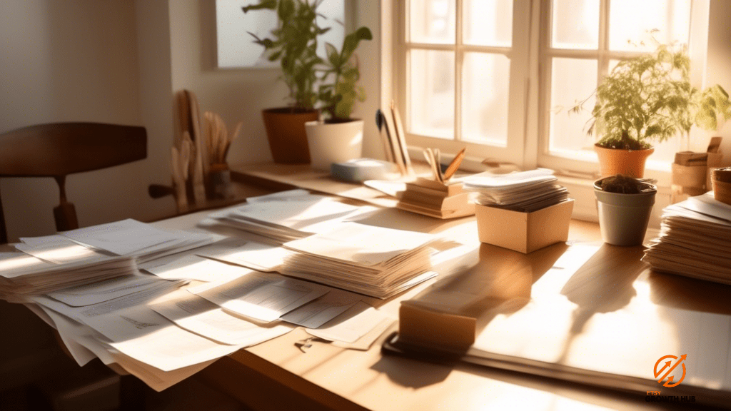 Alt text: Sunlit workspace of an Etsy seller diligently organizing invoices, labels, and legal documents, with neatly arranged products nearby.