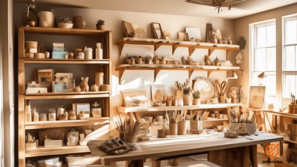 Alt Text: Cozy craft studio bathed in golden sunlight, showcasing beautifully displayed handmade products on rustic shelves, inspiring an effective Pinterest marketing strategy for Etsy shops.