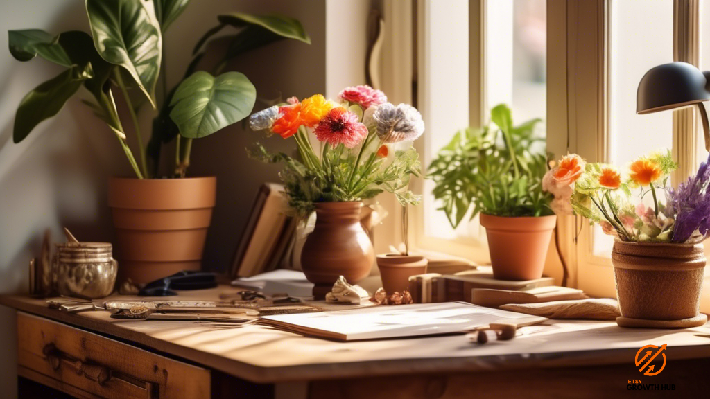 Vintage wooden desk with handmade crafts, surrounded by vibrant potted plants and fresh flowers, in a sunlit workspace - Effective Pinterest marketing tips for your Etsy shop