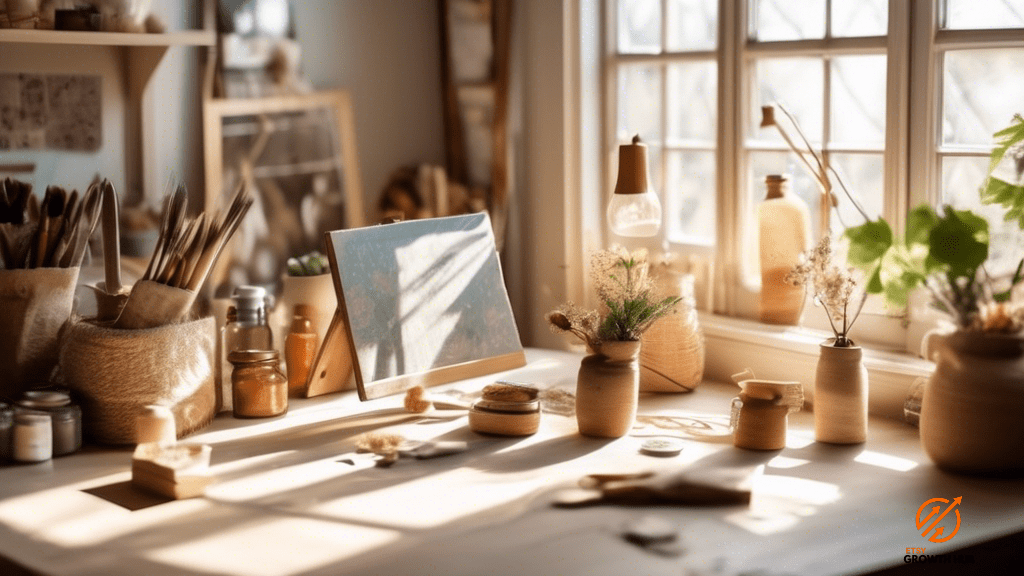 Alt Text: Elevate your Etsy shop with Pinterest's potential - an inviting workspace flooded with vibrant natural light, accentuating handmade crafts and sparking creative inspiration.