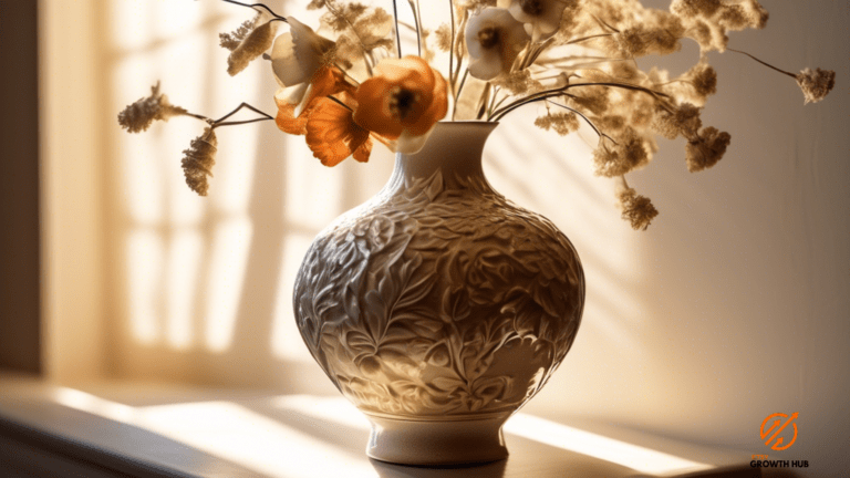 Exquisite handmade ceramic vase bathed in soft morning sunlight, showcasing intricate details and craftsmanship.