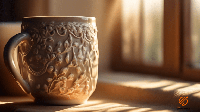 Close-up shot of a handmade ceramic mug, beautifully illuminated by soft, warm sunlight pouring through a window, showcasing its intricate details and textures - a stunning visual for an Etsy product review article.