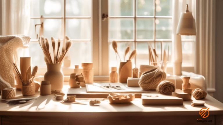 Optimizing Etsy SEO: Showcase the Potential with Compelling Photography of a Well-Lit Workspace Adorned with Handmade Crafts, Bathed in Soft Sunlight