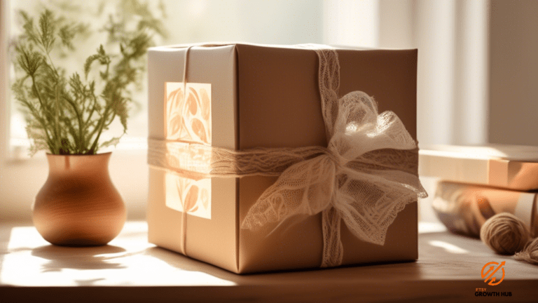 Delightful moment of joy as a customer unwraps a beautifully packaged Etsy order, showcasing intricate handmade details in bright natural light