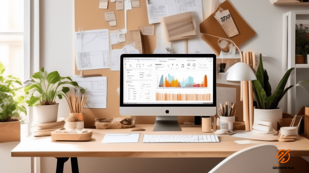 Mastering Data Analysis For Your Etsy Shop: A vibrant workspace bathed in natural light, displaying Etsy shop analytics on a computer screen. Meticulously arranged data, charts, and spreadsheets adorn the desk, offering valuable insights for your online business success.