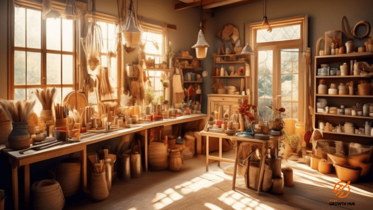 Maximizing Etsy Shop Profits Through Great Photography: A captivating workshop flooded with natural light showcases an array of intricately detailed and vibrant handmade products, attracting customers with its picturesque scene.