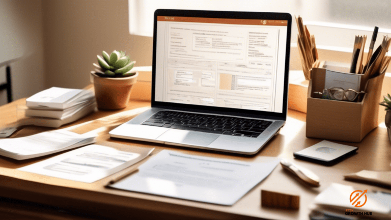 An inviting workspace with bright natural light, showcasing legal documents, an Etsy dashboard on a laptop, and a dedicated seller organizing inventory to comply with legal requirements.
