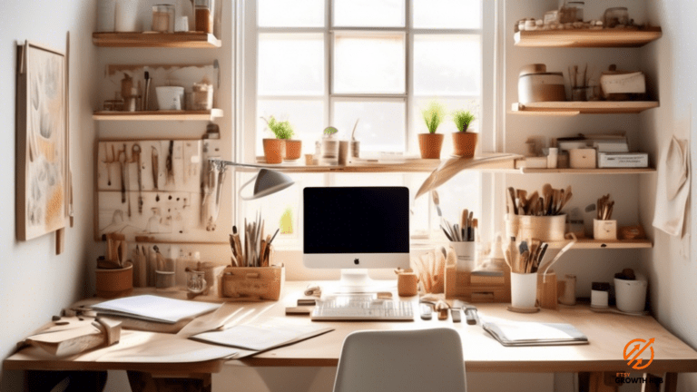 Efficient Etsy shop management tips: A beautifully organized workspace flooded with natural light, showcasing seamless integration of tools, materials, and efficient storage solutions for a streamlined creative process.