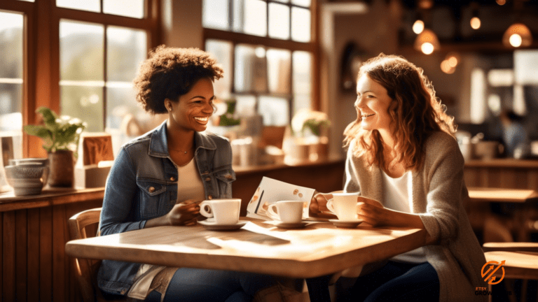 Image: Etsy shop owners networking and sharing ideas in a sunlit coffee shop scene, fostering a sense of connection and camaraderie.