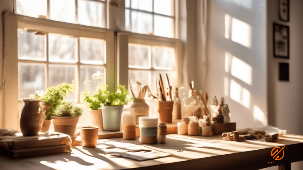 Optimize your Etsy shop performance with a captivating image of a well-lit workspace filled with handmade products, basked in bright natural light streaming through a large window.
