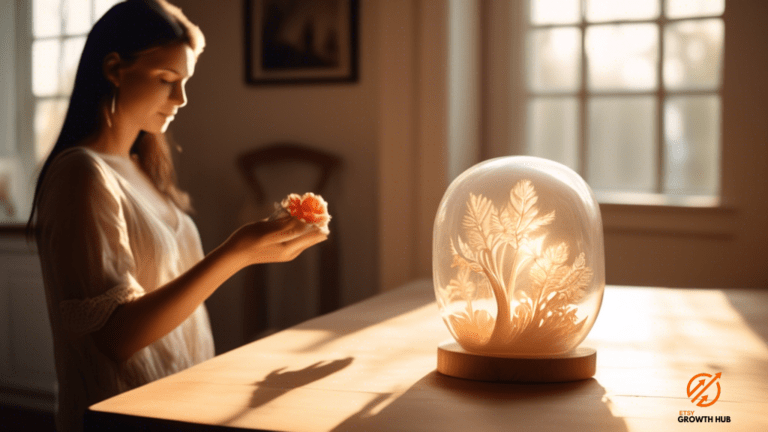 Customer holding a beautifully crafted item from an Etsy shop, illuminated by natural sunlight streaming through a nearby window.