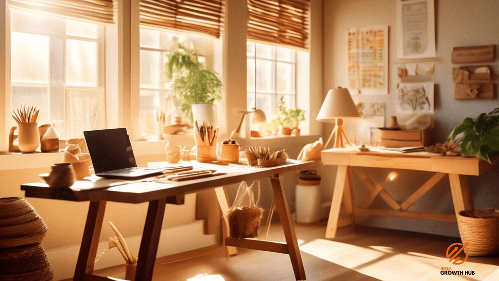 Serene workspace with handmade crafts and laptop displaying Etsy shop sales graphs, bathed in bright natural light