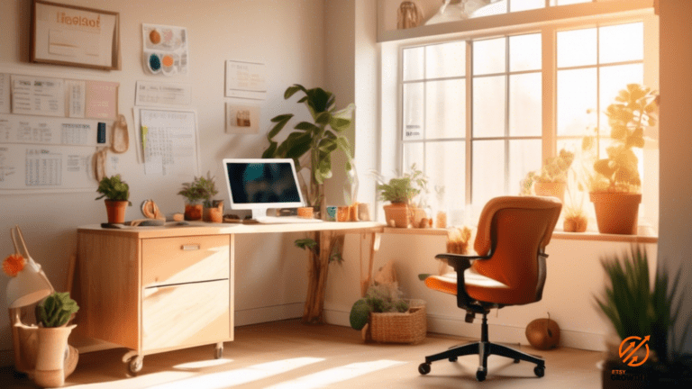 Optimizing Your Etsy Shop: SEO Tips And Tricks - Bright workspace with Etsy shop dashboard on computer screen, illuminated by natural sunlight streaming through a nearby window.