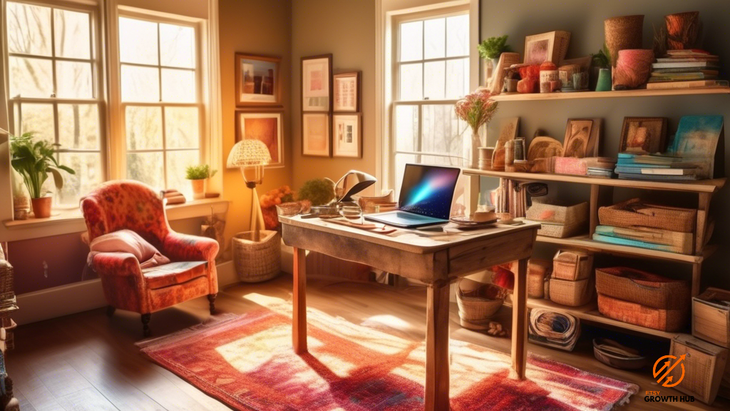 Promote your Etsy shop with social media strategies: A bright and cozy home office scene featuring a gleaming laptop on a wooden desk. Sunlight streams through a nearby window, casting warm rays on a vibrant assortment of handmade products neatly displayed for sale.