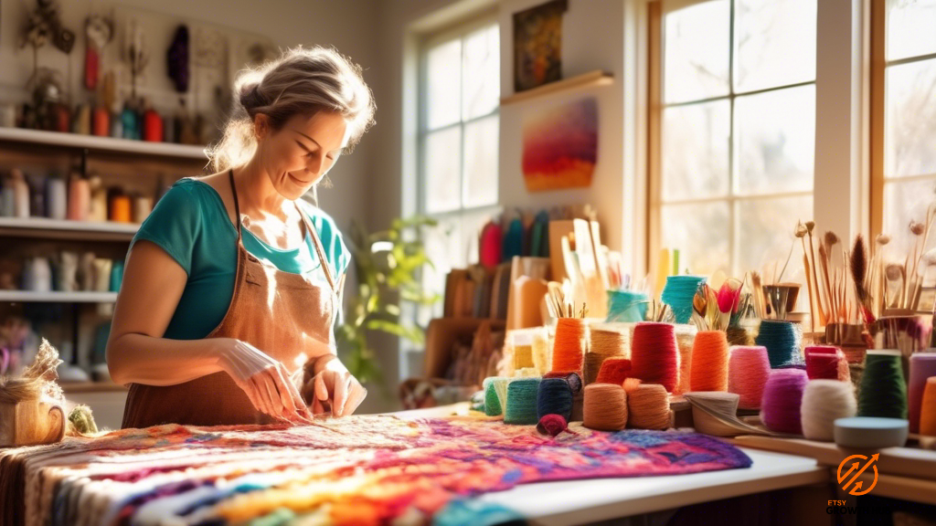 Alt text: A successful Etsy shop owner immersed in her creative process, surrounded by vibrant handmade crafts in a sunlit studio.