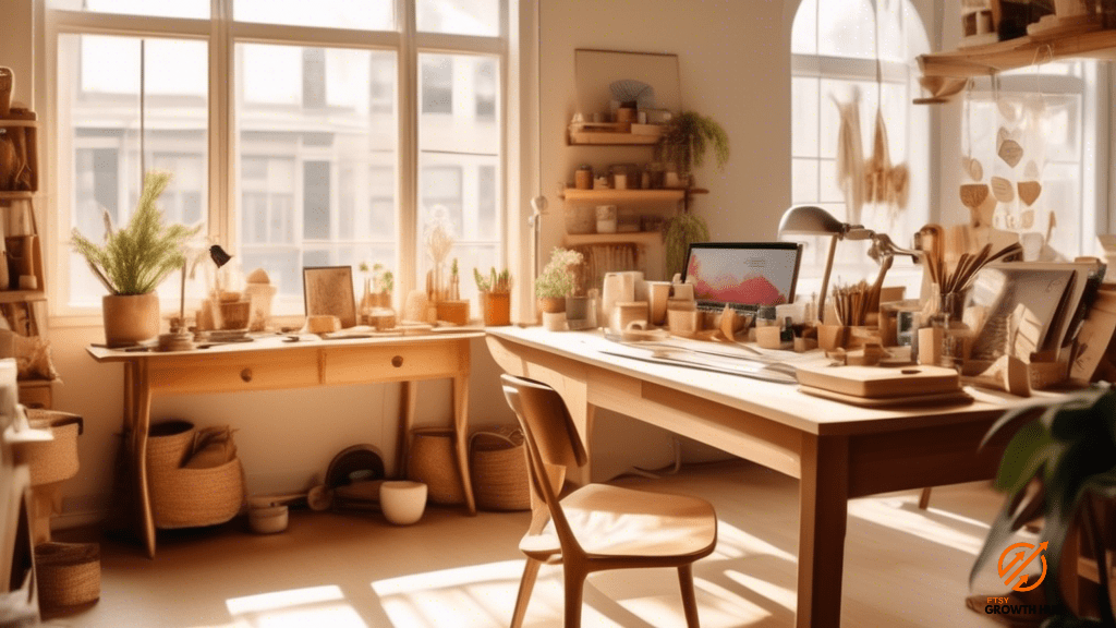 An inviting sunlit Etsy shop workspace with a bustling desk filled with handmade crafts, a laptop showing traffic analytics, and vibrant natural light streaming through a nearby window.