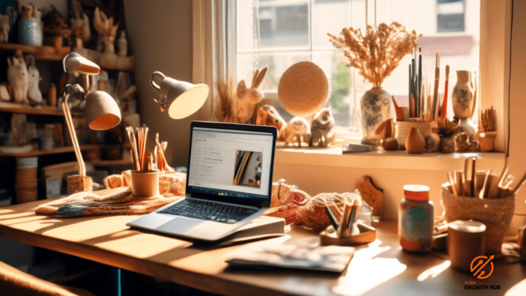 Close-up shot of a sunlit work desk adorned with handmade crafts, with a laptop displaying Etsy analytics in the background. The warm rays illuminate the space, showcasing the bustling traffic to your Etsy shop.