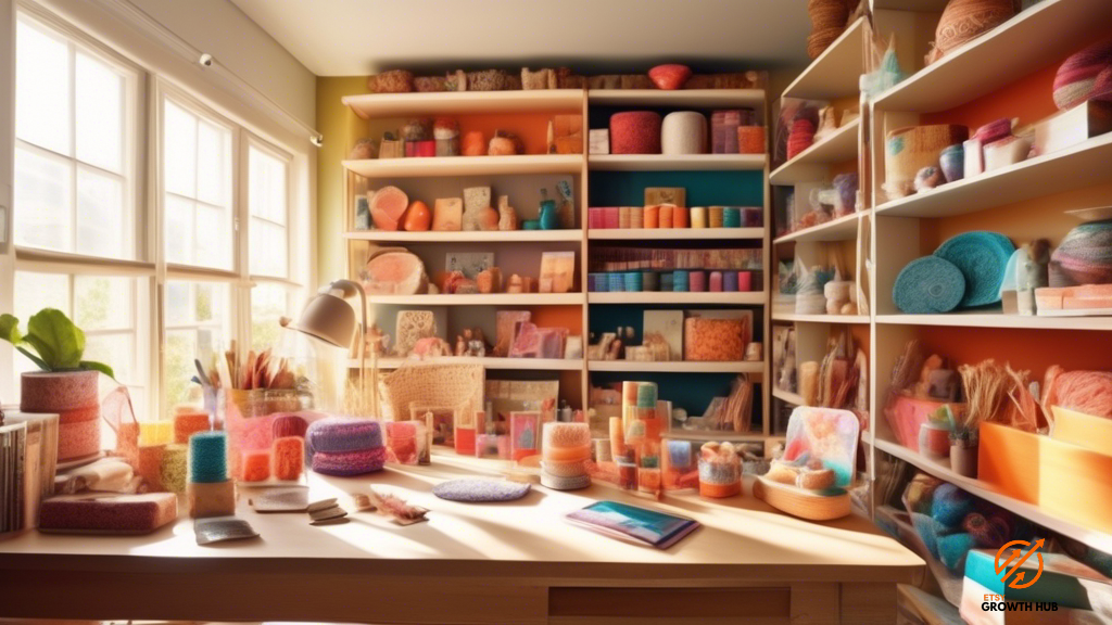 Vibrant handmade products displayed on a sunlit desk in a room filled with unique crafts and colorful packaging materials, showcasing the latest Etsy shop trends.