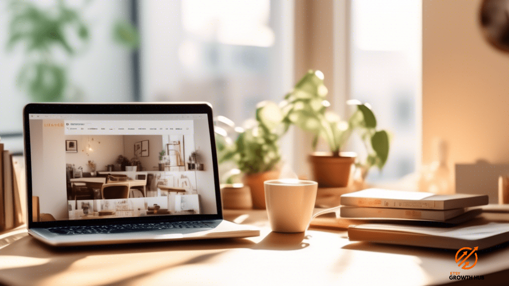 Alt Text: Bright and inviting workspace with sunlight illuminating the room, showcasing Etsy shop analytics on a laptop screen. A cup of coffee adds to the cozy atmosphere.