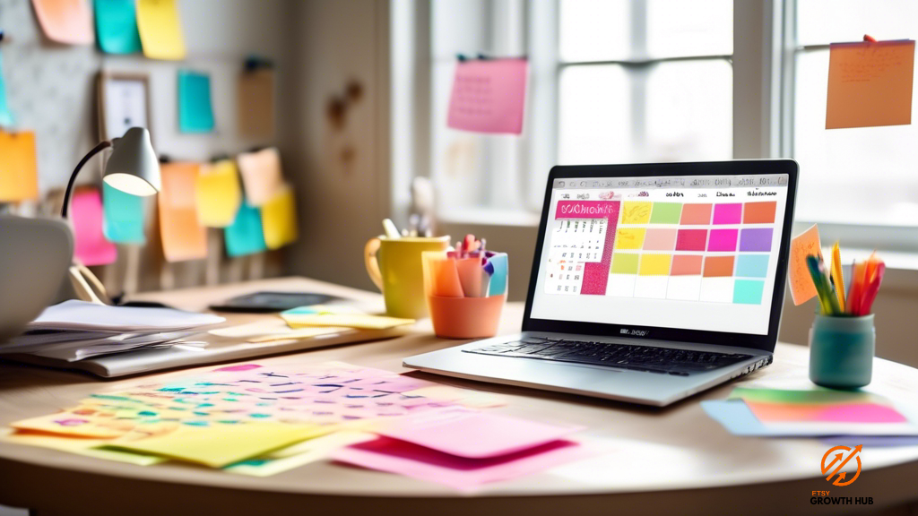 An Etsy Social Media Calendar displayed on a laptop, with a well-lit workspace filled with colorful post-it notes, showcasing the process of creating an effective social media calendar for an Etsy shop.