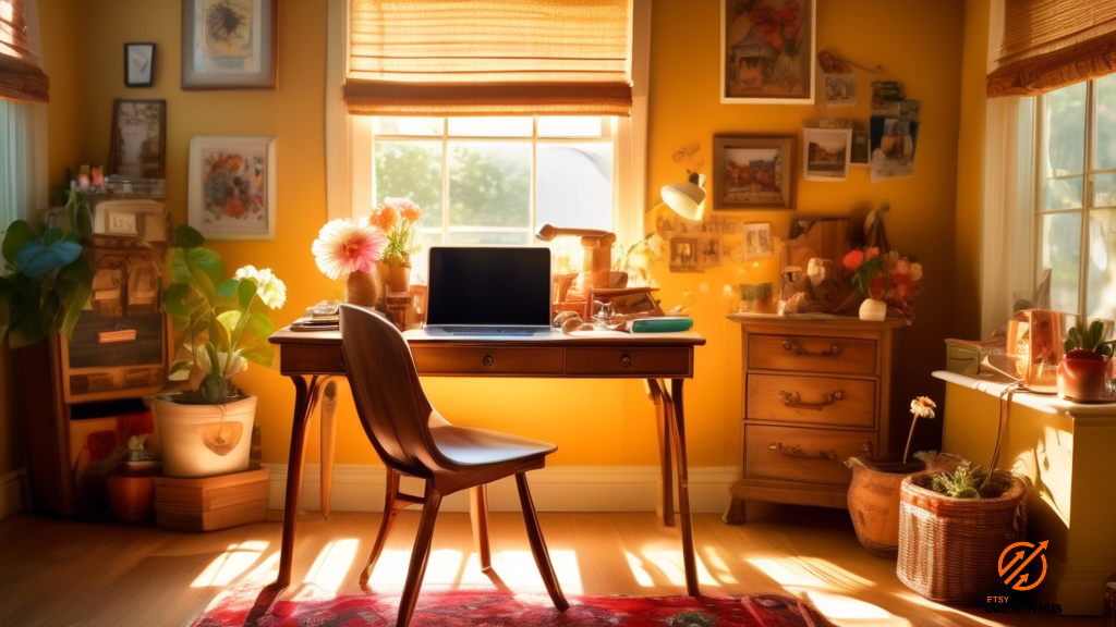 Vibrant sunlit room with a vintage desk showcasing handmade trinkets and a captivating social media contest post on a laptop, radiating excitement and success.