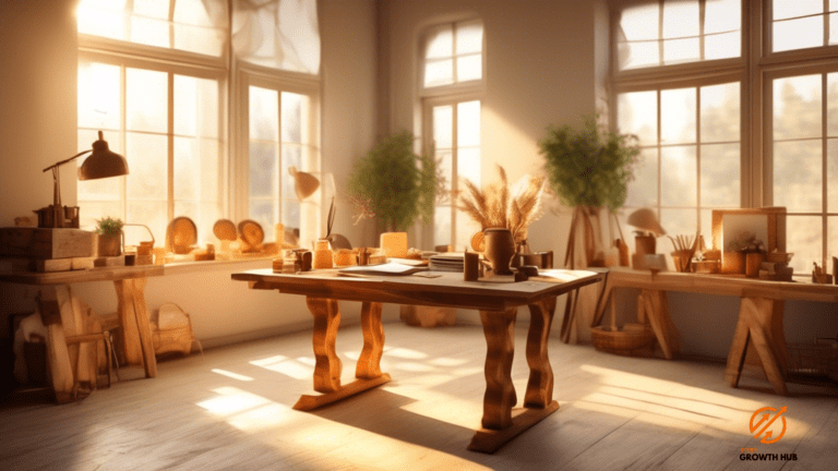 An inviting artisanal workspace filled with vibrant handmade products, illuminated by golden sunlight streaming through a large window.