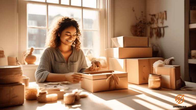Close-up shot of a successful Etsy seller packaging their handmade creations with joy, illuminated by radiant sunlight streaming through a window, showcasing their dedication and triumph