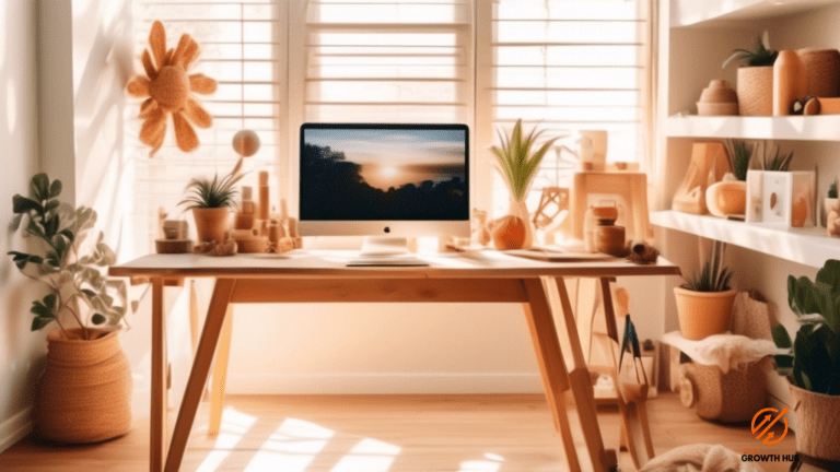 Sun-drenched workspace featuring handmade Etsy products, with a content creator passionately recording a TikTok video to showcase the seamless integration of TikTok marketing with an Etsy shop.