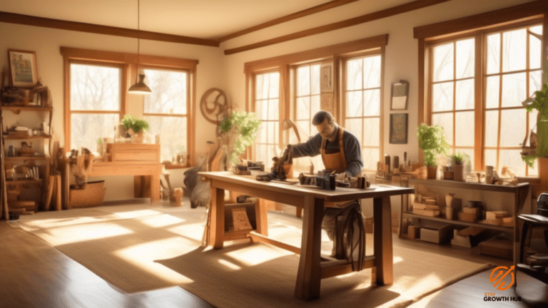 Alt Text: A sunlit room with a craftsman working on unique Etsy products, surrounded by natural light streaming through large windows, showcasing the power of YouTube marketing for your Etsy shop.