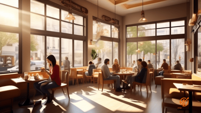 Customers engrossed in conversation, making financial decisions in cozy cafe with large windows overlooking a bustling city street, basking in warm sunlit ambiance.
