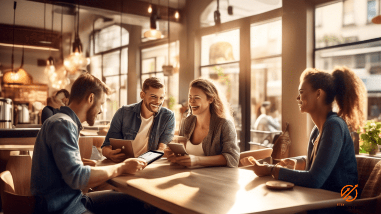 Following the Latest Customer Engagement Trends: A vibrant café scene flooded with warm sunlight, where customers joyfully interact with each other and their devices, reflecting the evolving landscape of modern customer engagement.