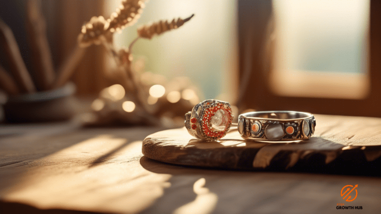 Close-up shot of vibrant, handcrafted jewelry on rustic wooden table, bathed in soft morning sunlight pouring through nearby window - A perfect showcase for Etsy success!