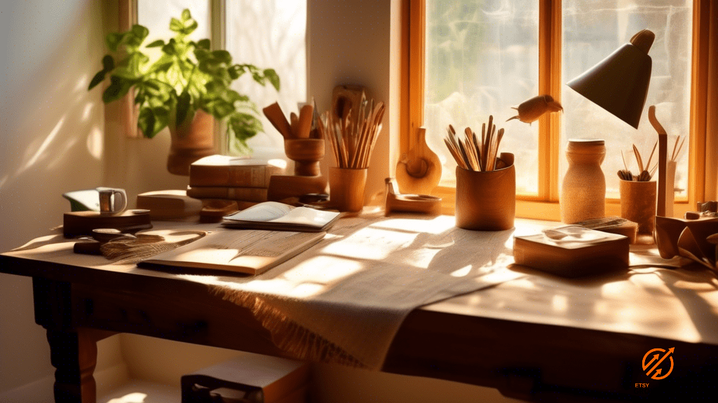 Captivating sunlit workspace with beautifully arranged handmade items on a wooden table - a guide to pricing your unique creations