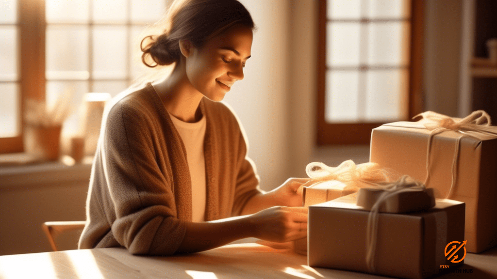 An Etsy seller carefully packaging a customer's order, illuminated by the gentle radiance of natural sunlight in a close-up photo.